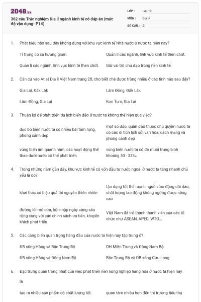 362 câu Trắc nghiệm Địa lí ngành kinh tế có đáp án (mức độ vận dụng- P14)