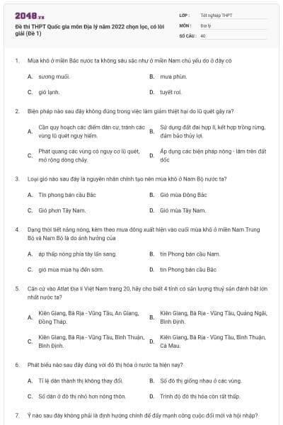 Đề thi THPT Quốc gia môn Địa lý năm 2022 chọn lọc, có lời giải (Đề 1)