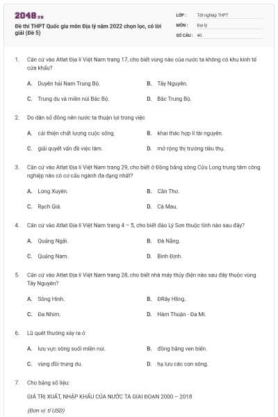 Đề thi THPT Quốc gia môn Địa lý năm 2022 chọn lọc, có lời giải (Đề 5)