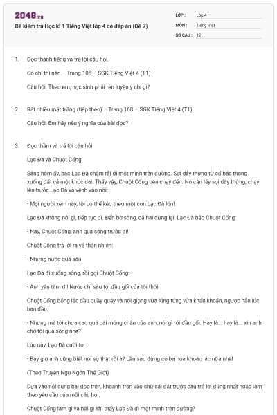 Đề kiểm tra Học kì 1 Tiếng Việt lớp 4 có đáp án (Đề 7)