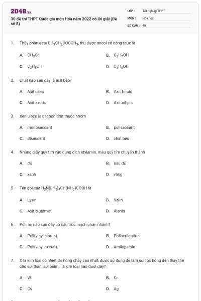 30 đề thi THPT Quốc gia môn Hóa năm 2022 có lời giải (Đề số 8)