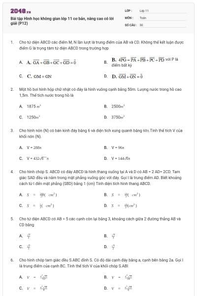 Bài tập Hình học không gian lớp 11 cơ bản, nâng cao có lời giải (P12)