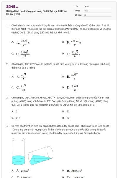 Bài tập Hình học không gian trong đề thi Đại học 2017 có lời giải (P20)