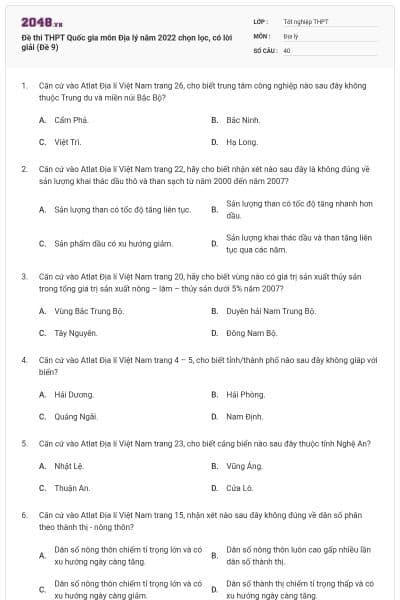 Đề thi THPT Quốc gia môn Địa lý năm 2022 chọn lọc, có lời giải (Đề 9)