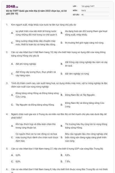 Đề thi THPT Quốc gia môn Địa lý năm 2022 chọn lọc, có lời giải (Đề 10)