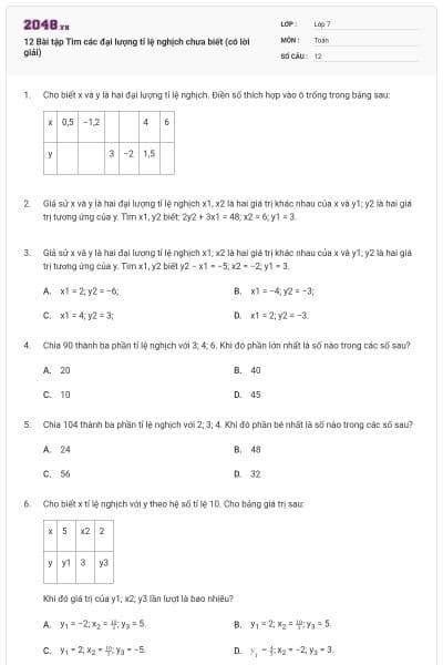 12 Bài tập Tìm các đại lượng tỉ lệ nghịch chưa biết (có lời giải)