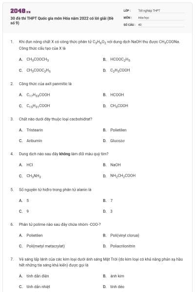 30 đề thi THPT Quốc gia môn Hóa năm 2022 có lời giải (Đề số 9)
