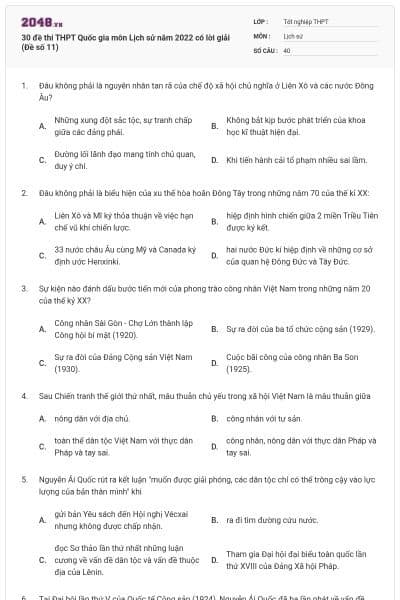 30 đề thi THPT Quốc gia môn Lịch sử năm 2022 có lời giải (Đề số 11)