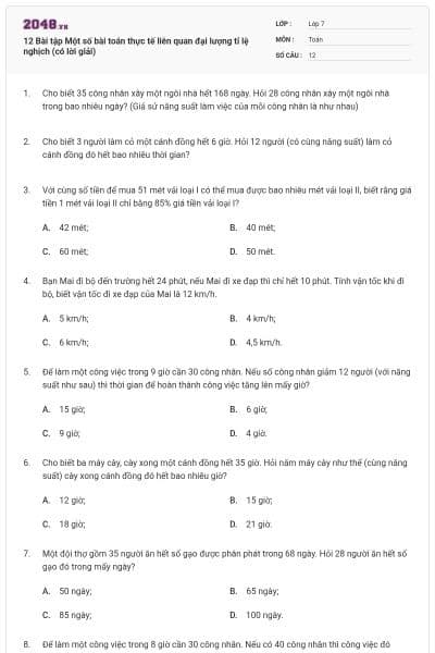 12 Bài tập Một số bài toán thực tế liên quan đại lượng tỉ lệ nghịch (có lời giải)