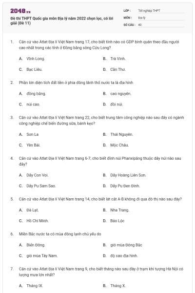 Đề thi THPT Quốc gia môn Địa lý năm 2022 chọn lọc, có lời giải (Đề 11)