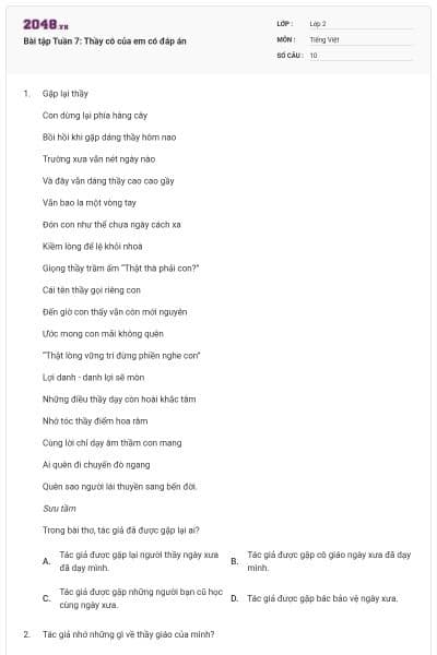 Bài tập Tuần 7: Thầy cô của em có đáp án