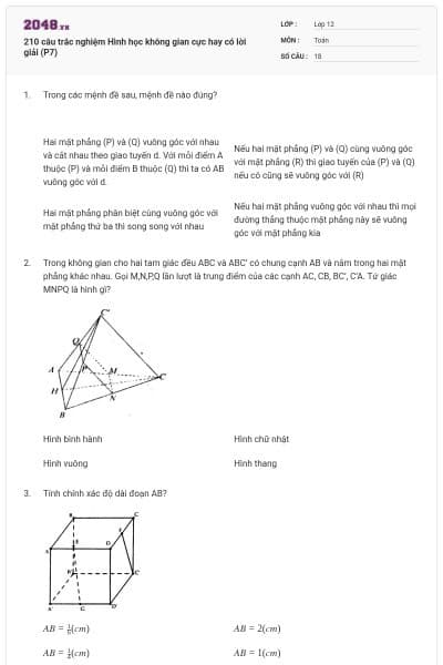 210 câu trắc nghiệm Hình học không gian cực hay có lời giải (P7)