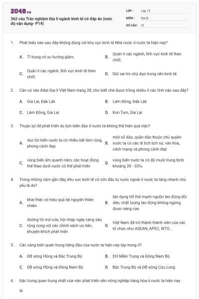 362 câu Trắc nghiệm Địa lí ngành kinh tế có đáp án (mức độ vận dụng- P14)