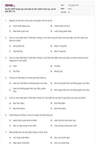 Đề thi THPT Quốc gia môn Địa lý năm 2022 chọn lọc, có lời giải (Đề 14)