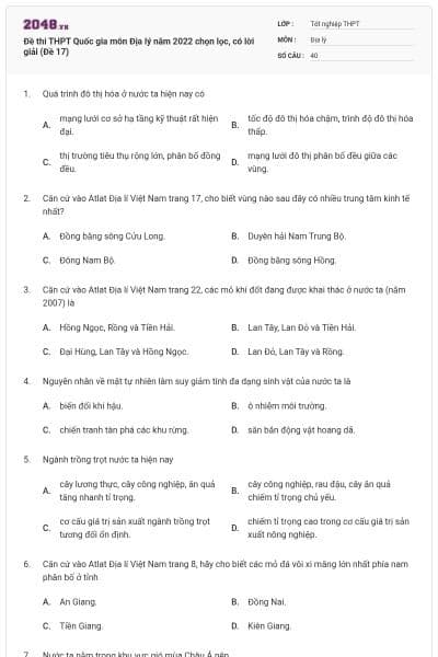 Đề thi THPT Quốc gia môn Địa lý năm 2022 chọn lọc, có lời giải (Đề 17)