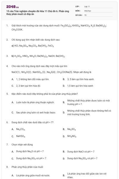 15 câu Trắc nghiệm chuyên đề Hóa 11 Chủ đề 6. Phản ứng thủy phân muối có đáp án