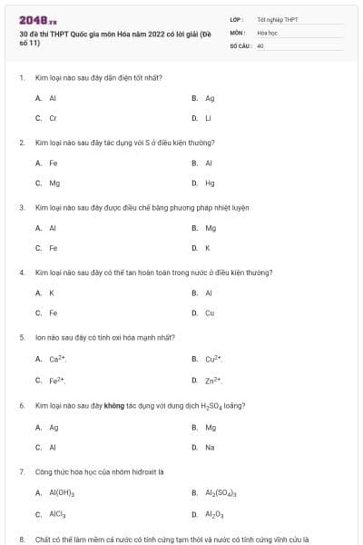 30 đề thi THPT Quốc gia môn Hóa năm 2022 có lời giải (Đề số 11)