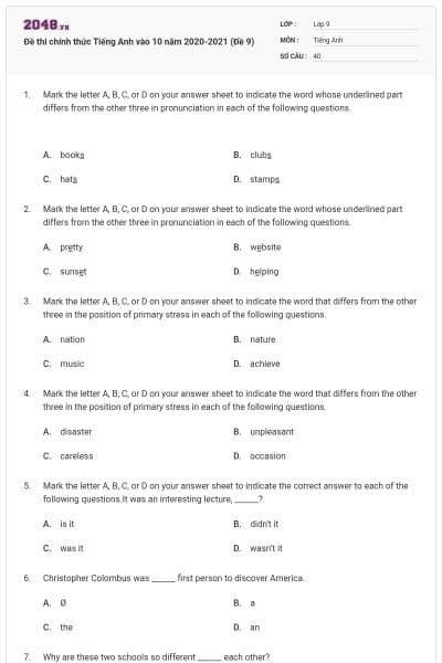 Đề thi chính thức Tiếng Anh vào 10 năm 2020-2021 (Đề 9)