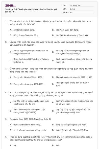 30 đề thi THPT Quốc gia môn Lịch sử năm 2022 có lời giải (Đề số 13)
