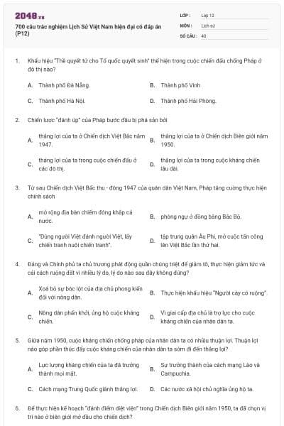 700 câu trắc nghiệm Lịch Sử Việt Nam hiện đại có đáp án (P12)