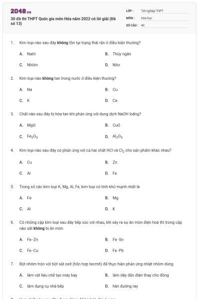 30 đề thi THPT Quốc gia môn Hóa năm 2022 có lời giải (Đề số 13)