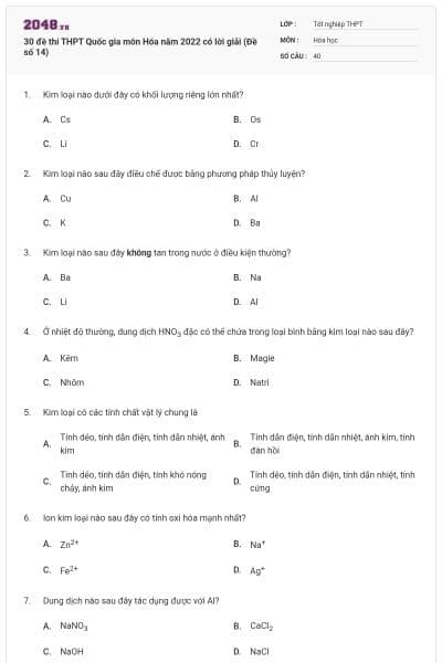 30 đề thi THPT Quốc gia môn Hóa năm 2022 có lời giải (Đề số 14)