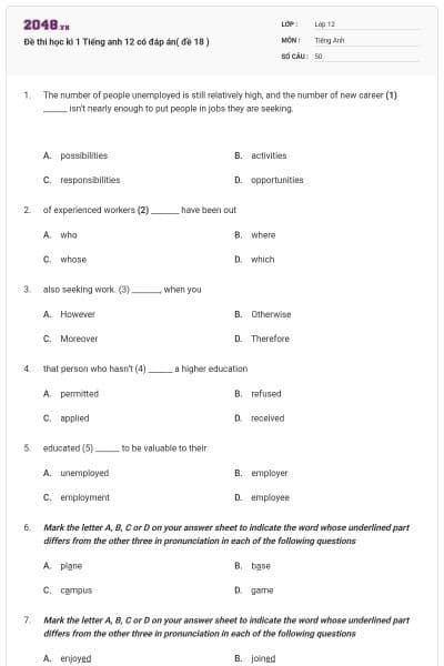 Đề thi học kì 1 Tiếng anh 12 có đáp án( đề 18 )
