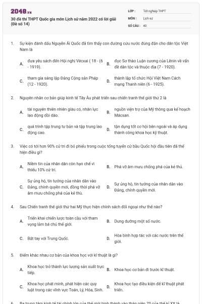 30 đề thi THPT Quốc gia môn Lịch sử năm 2022 có lời giải (Đề số 14)