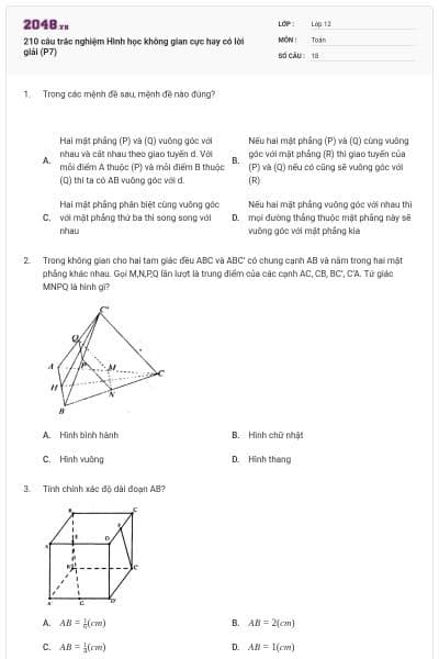 210 câu trắc nghiệm Hình học không gian cực hay có lời giải (P7)