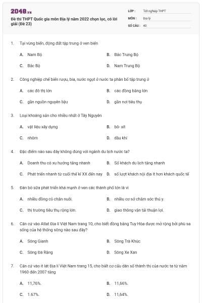 Đề thi THPT Quốc gia môn Địa lý năm 2022 chọn lọc, có lời giải (Đề 23)