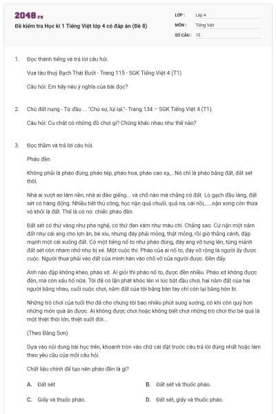 Đề kiểm tra Học kì 1 Tiếng Việt lớp 4 có đáp án (Đề 8)