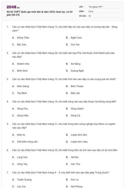 Đề thi THPT Quốc gia môn Địa lý năm 2022 chọn lọc, có lời giải (Đề 24)