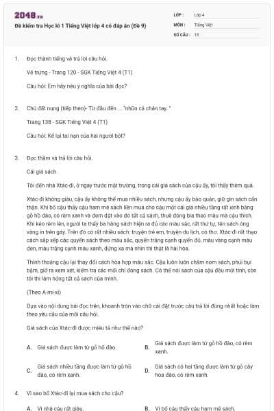 Đề kiểm tra Học kì 1 Tiếng Việt lớp 4 có đáp án (Đề 9)