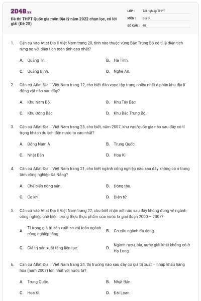 Đề thi THPT Quốc gia môn Địa lý năm 2022 chọn lọc, có lời giải (Đề 25)