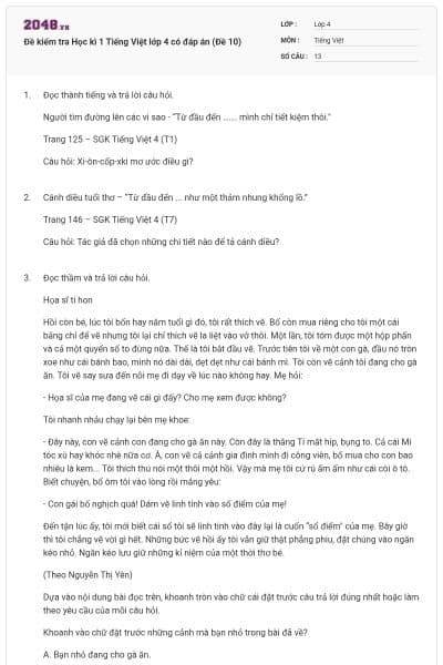 Đề kiểm tra Học kì 1 Tiếng Việt lớp 4 có đáp án (Đề 10)