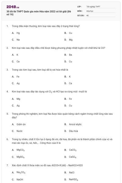 30 đề thi THPT Quốc gia môn Hóa năm 2022 có lời giải (Đề số 16)