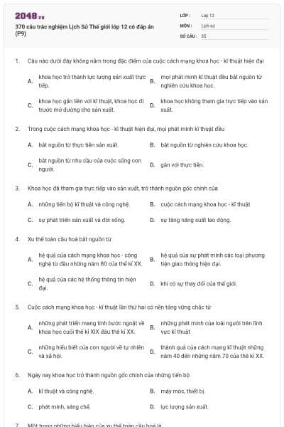 370 câu trắc nghiệm Lịch Sử Thế giới lớp 12 có đáp án (P9)
