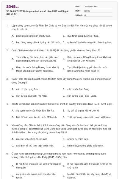 30 đề thi THPT Quốc gia môn Lịch sử năm 2022 có lời giải (Đề số 17)