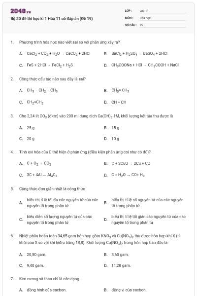 Bộ 30 đề thi học kì 1 Hóa 11 có đáp án (Đề 19)