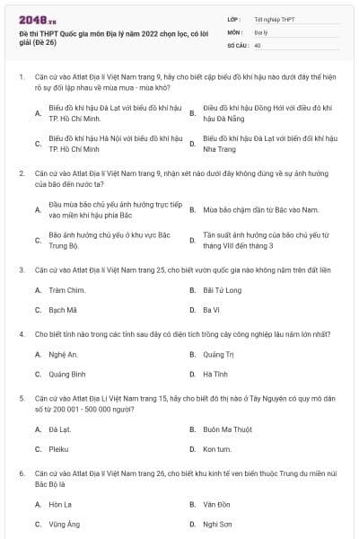 Đề thi THPT Quốc gia môn Địa lý năm 2022 chọn lọc, có lời giải (Đề 26)