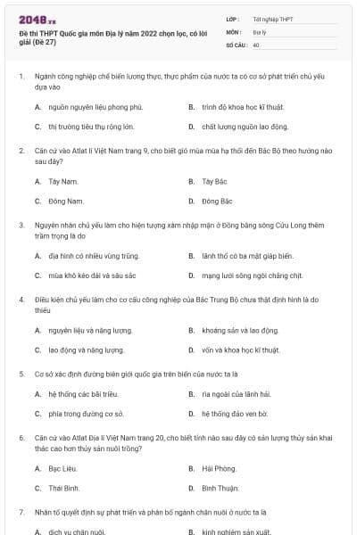 Đề thi THPT Quốc gia môn Địa lý năm 2022 chọn lọc, có lời giải (Đề 27)