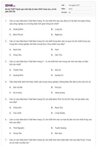 Đề thi THPT Quốc gia môn Địa lý năm 2022 chọn lọc, có lời giải (Đề 28)