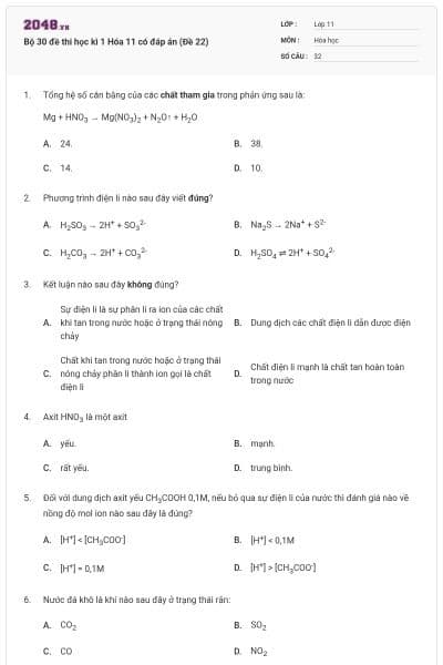 Bộ 30 đề thi học kì 1 Hóa 11 có đáp án (Đề 22)