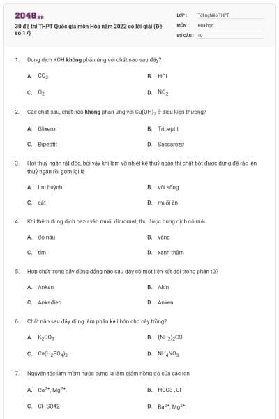 30 đề thi THPT Quốc gia môn Hóa năm 2022 có lời giải (Đề số 17)