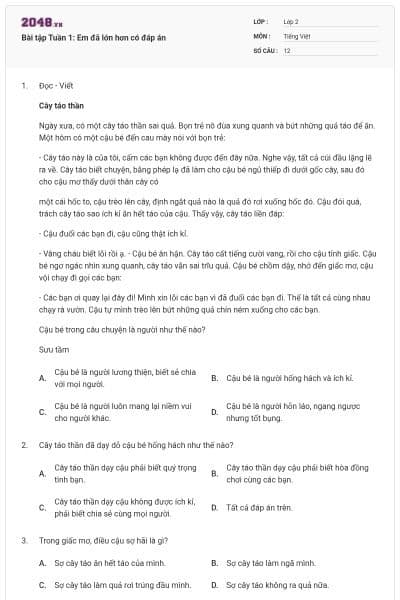 Bài tập Tuần 1: Em đã lớn hơn có đáp án