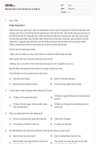 Bài tập Tuần 2: Em đã lớn hơn có đáp án