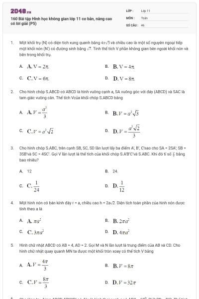 160 Bài tập Hình học không gian lớp 11 cơ bản, nâng cao có lời giải (P5)
