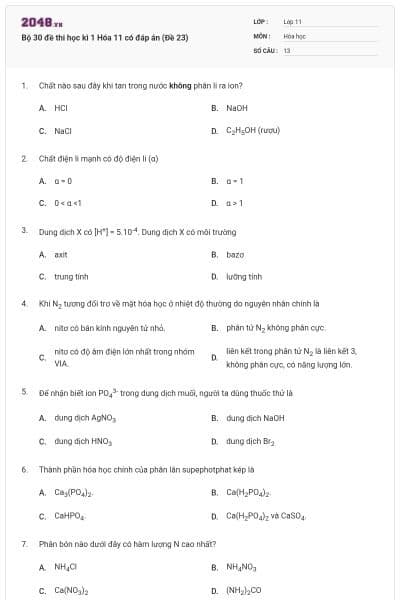Bộ 30 đề thi học kì 1 Hóa 11 có đáp án (Đề 23)