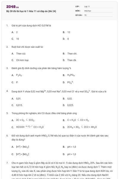 Bộ 30 đề thi học kì 1 Hóa 11 có đáp án (Đề 24)