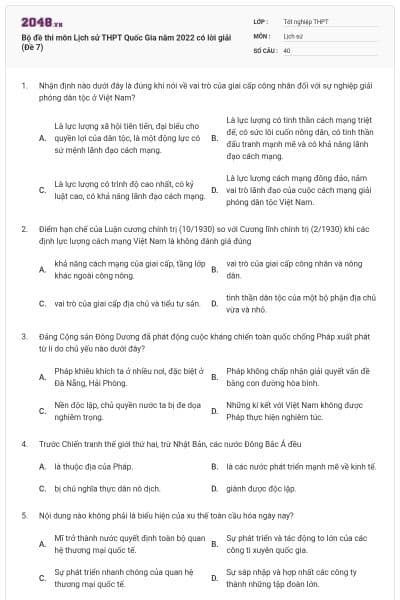 Bộ đề thi môn Lịch sử THPT Quốc Gia năm 2022 có lời giải (Đề 7)
